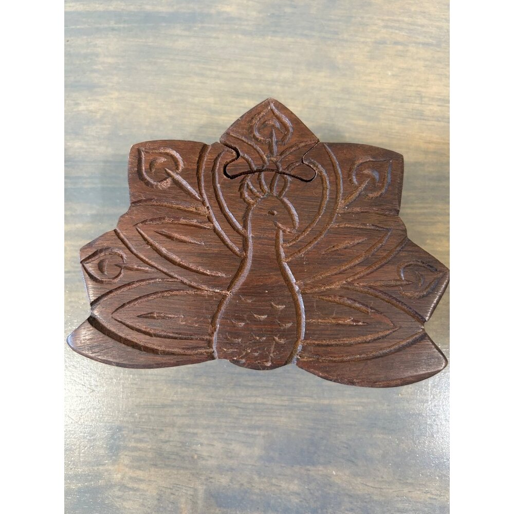 Hand Carved Wood Peacock Bird Puzzle Box Trinket Jewelry Box